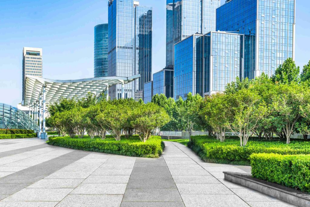empty pavement front of modern architecture - Lawn Father